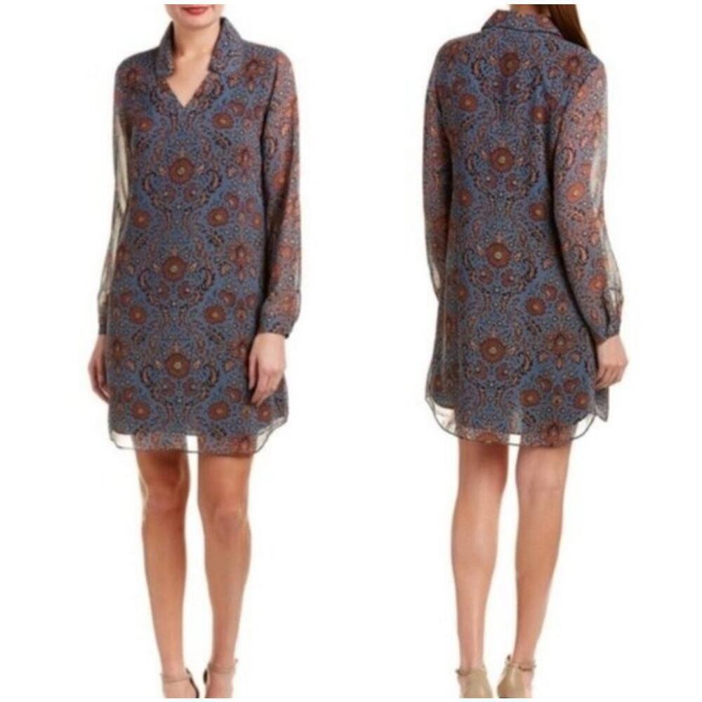 CAbi Provincial Long Sleeve Shift Dress Boho Blue Print size Medium